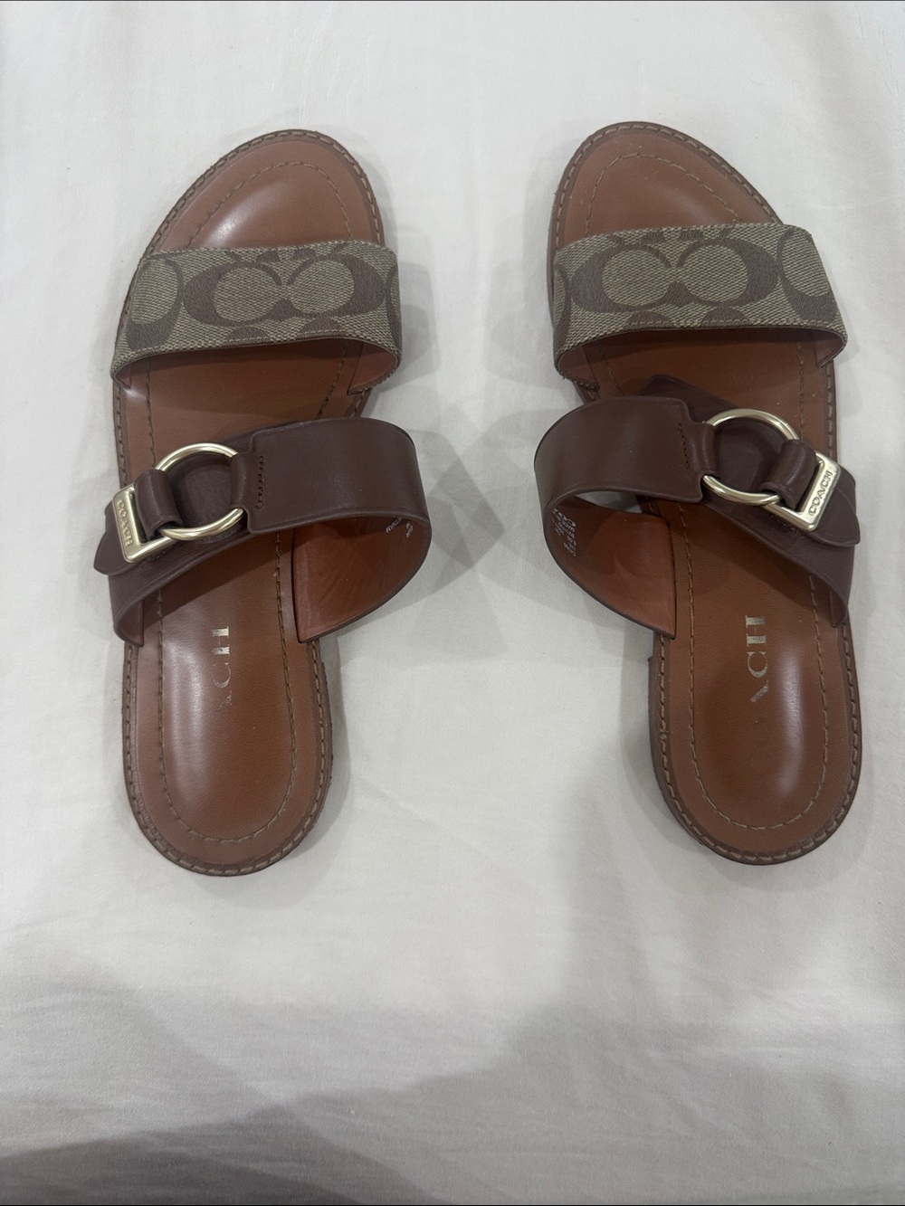 Coach Brown Leather & Signature Canvas Double-Strap Slide Sandals